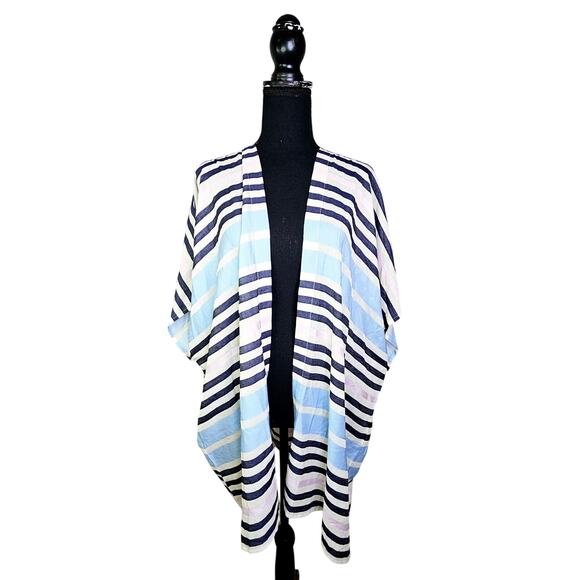 New LOFT Sunset Stripe Wrap Ruana Kimono Summer Layering Size M/L Lightweight - Picture 5 of 13